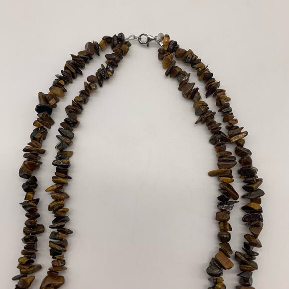 Double Strand Tiger's Eye Chip Necklace Sterling Silver Clasp - Picture 3 of 9